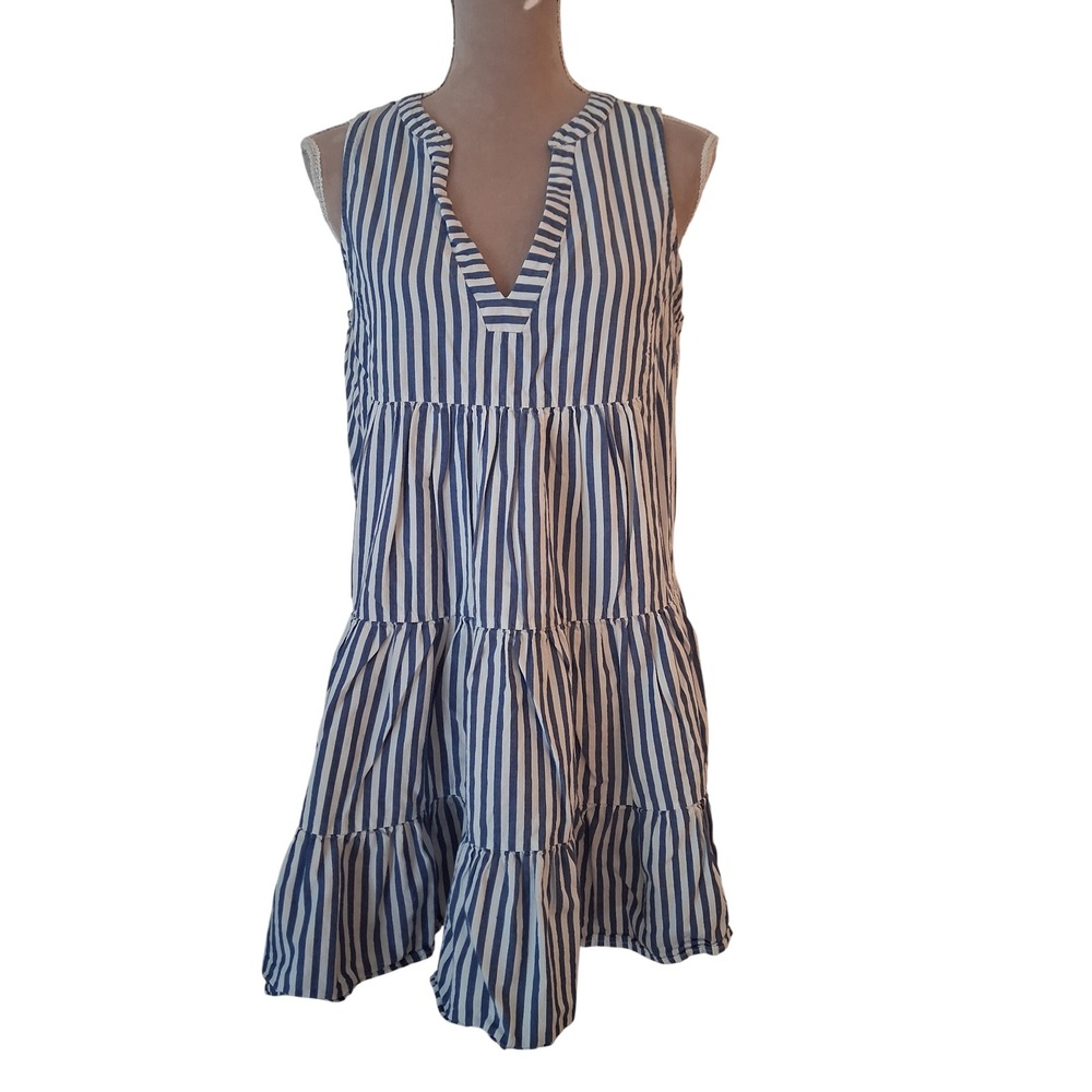 Pomander Place Blue White Striped Tiered Cotton Sleeveless Dress Large  Mini